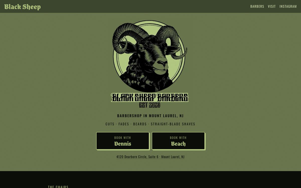 Black Sheep Barbers website on a desktop screen